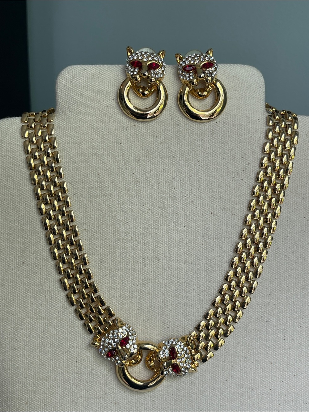Gold Panther Head Necklace and Earring Set with Red Accents